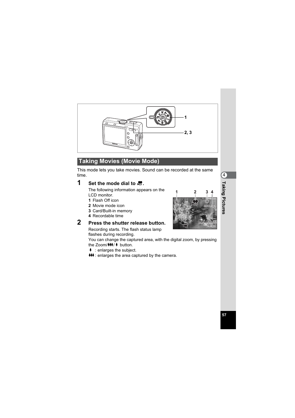 Taking movies (movie mode), P.57 | Pentax Model Optio S60 User Manual | Page 59 / 156