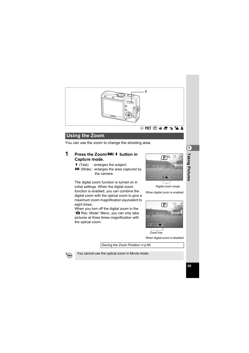 Using the zoom, 1p.59), P.59 | Pentax Model Optio S60 User Manual | Page 61 / 156
