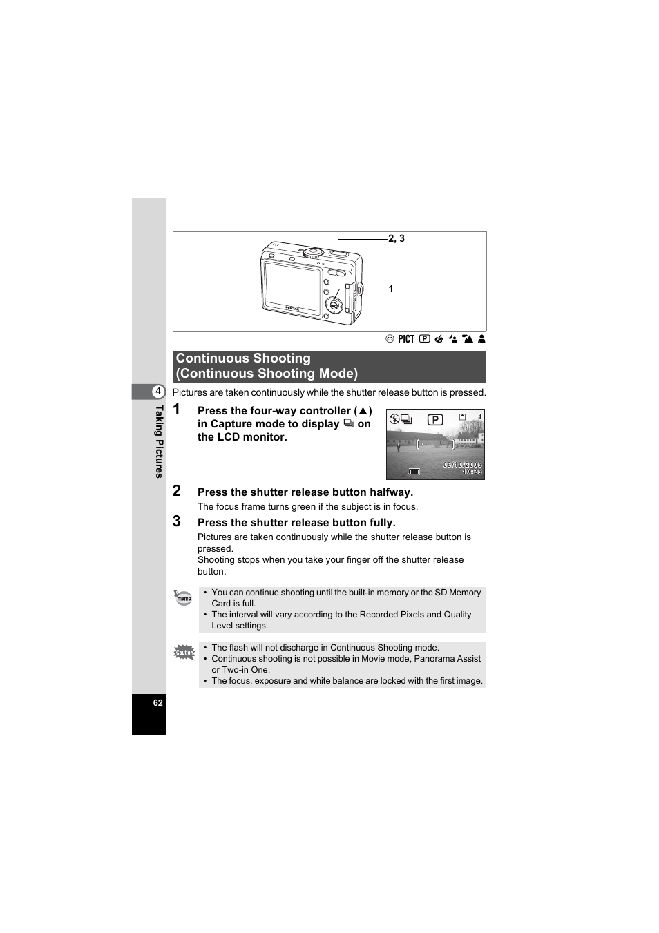 Continuous shooting (continuous shooting mode) | Pentax Model Optio S60 User Manual | Page 64 / 156