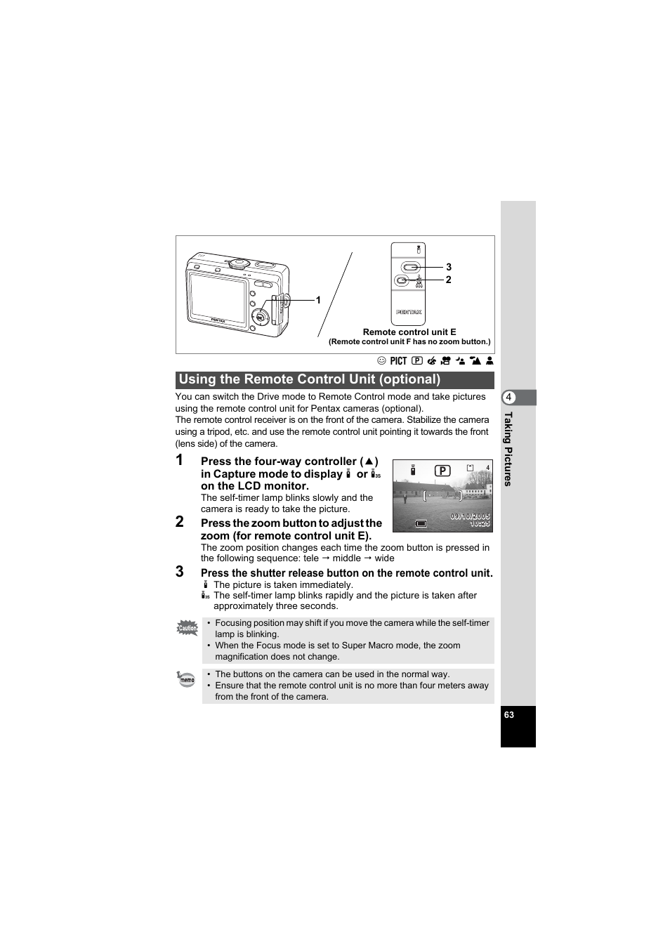 Using the remote control unit (optional), P.63 | Pentax Model Optio S60 User Manual | Page 65 / 156
