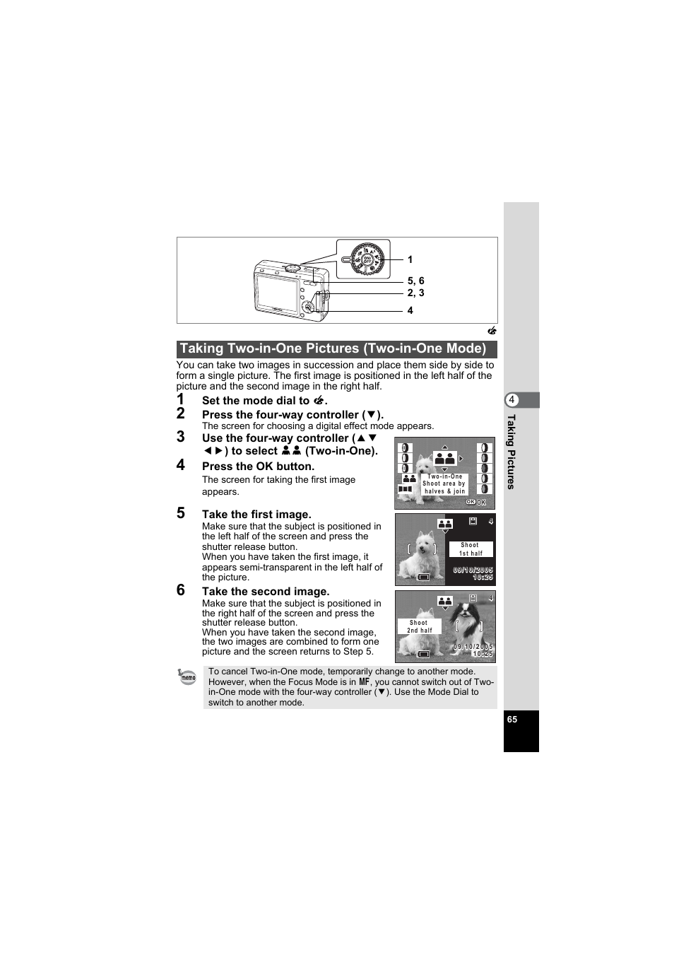 Taking two-in-one pictures (two-in-one mode) | Pentax Model Optio S60 User Manual | Page 67 / 156