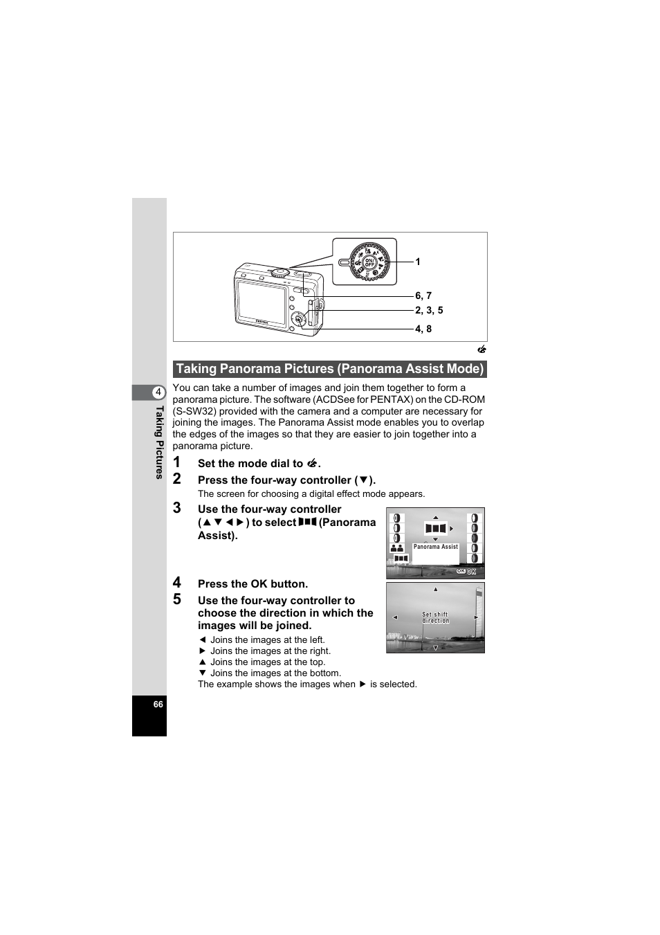 Taking panorama pictures (panorama assist mode) | Pentax Model Optio S60 User Manual | Page 68 / 156