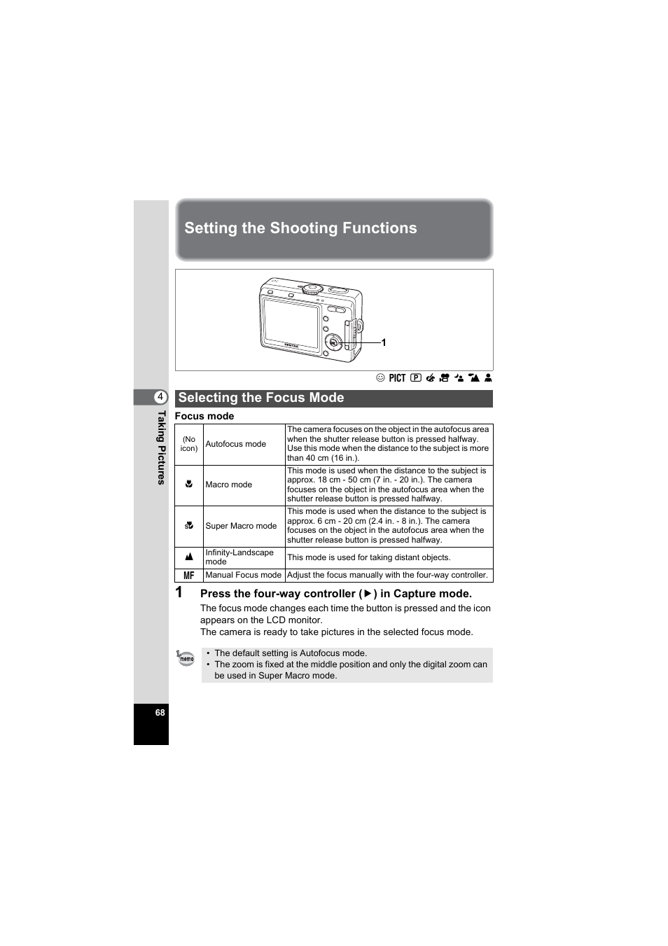 Setting the shooting functions, Selecting the focus mode, Setting the | Shooting functions” (p.68 to, P.68 t, P.68) | Pentax Model Optio S60 User Manual | Page 70 / 156