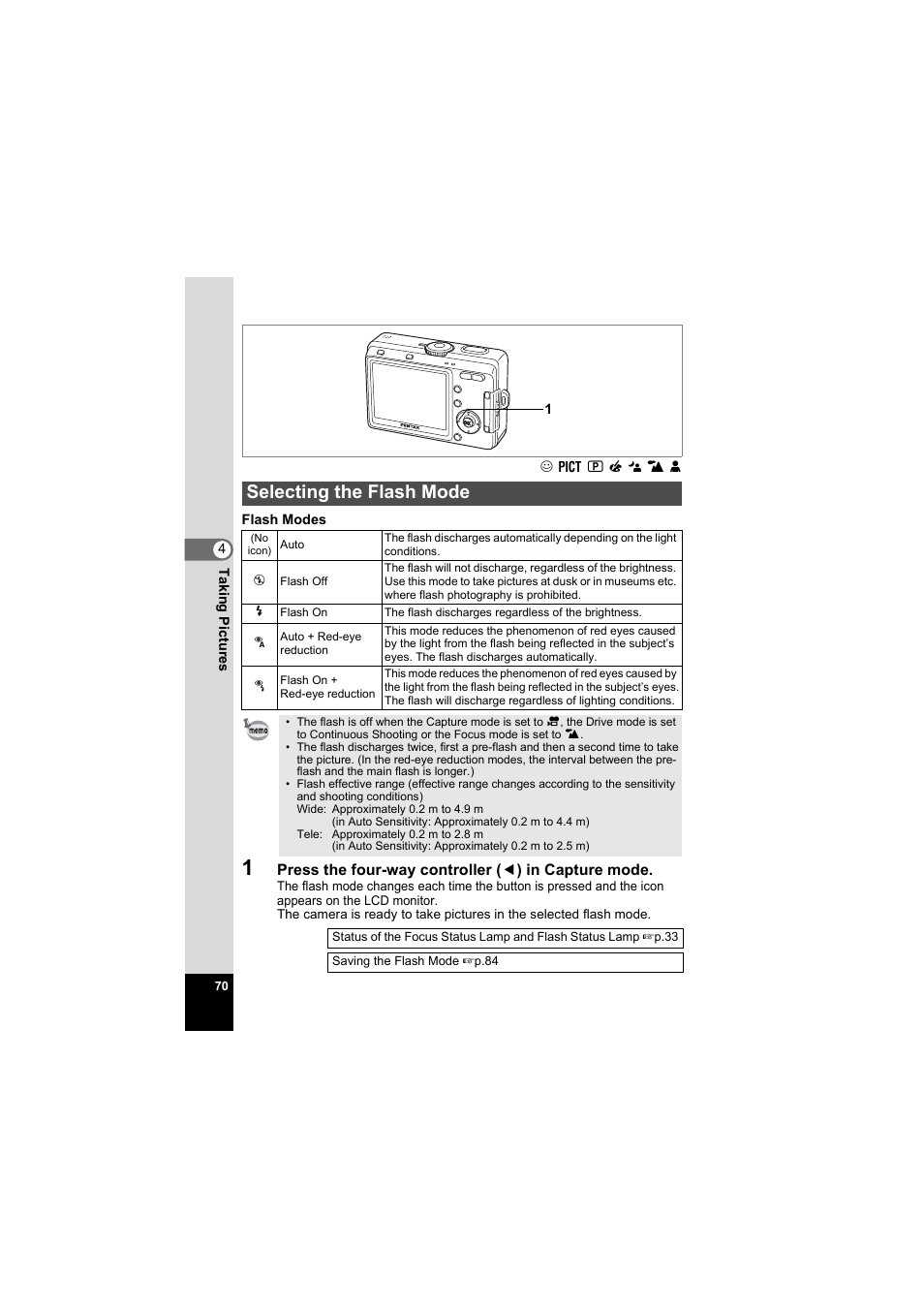 Selecting the flash mode, P.70) | Pentax Model Optio S60 User Manual | Page 72 / 156