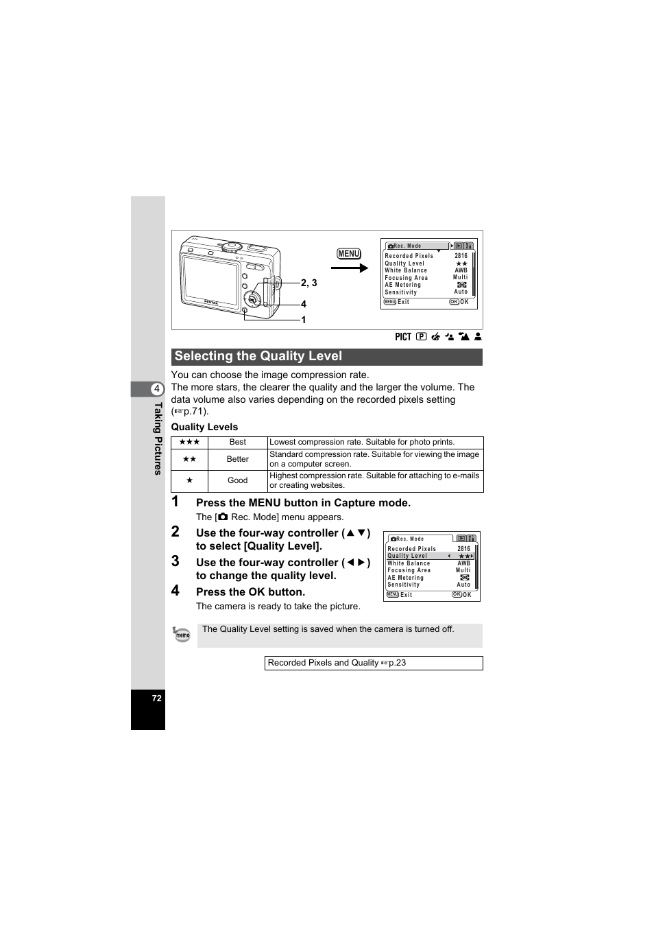 Selecting the quality level, P.72, Press the menu button in capture mode | Press the ok button | Pentax Model Optio S60 User Manual | Page 74 / 156