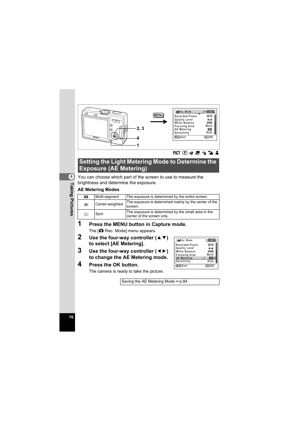 Ae metering), P.76 | Pentax Model Optio S60 User Manual | Page 78 / 156