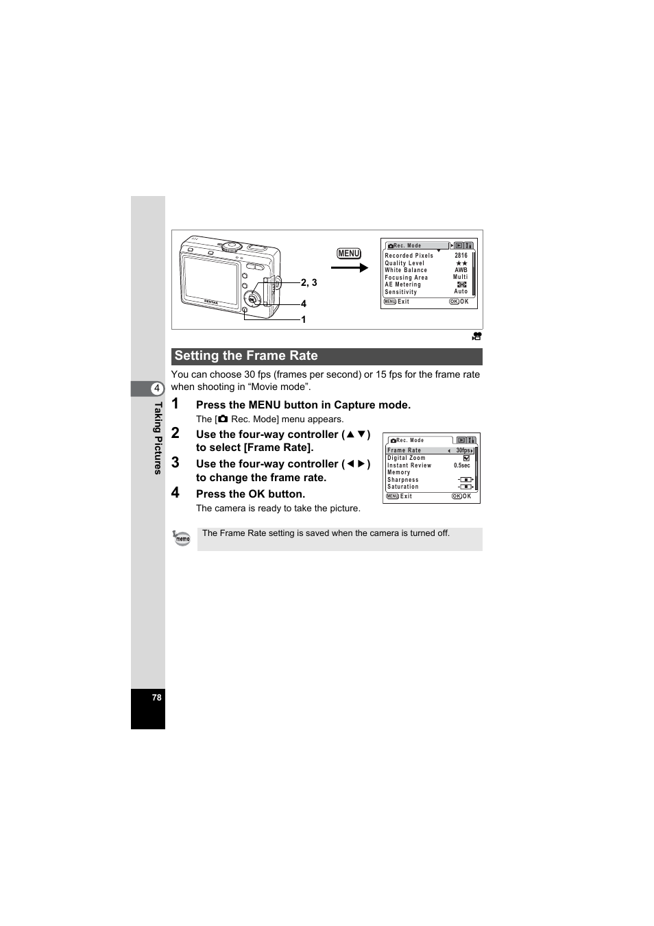 Setting the frame rate, P.78 | Pentax Model Optio S60 User Manual | Page 80 / 156