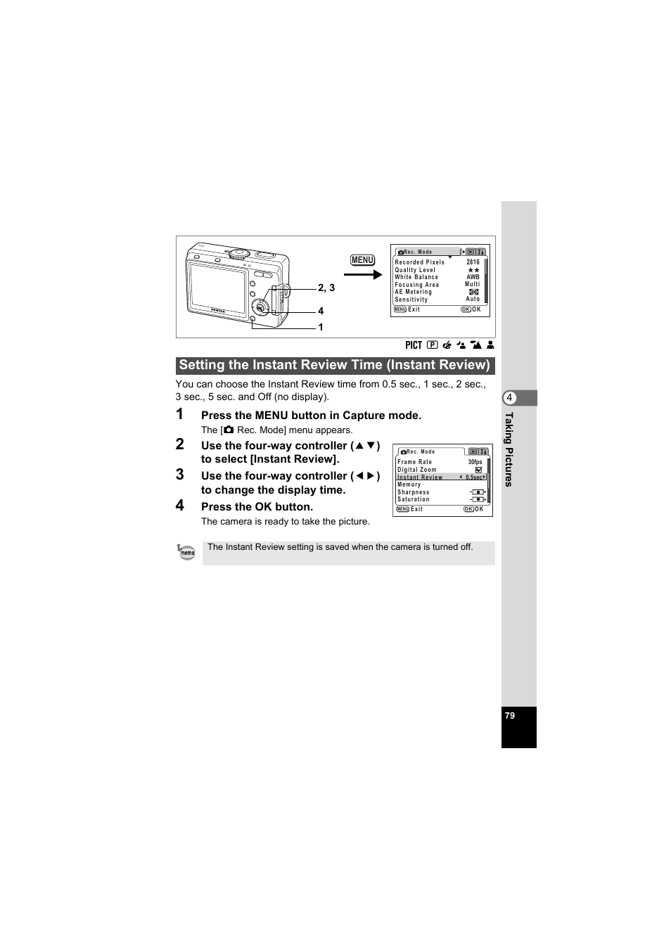 Setting the instant review time (instant review), P.79 | Pentax Model Optio S60 User Manual | Page 81 / 156