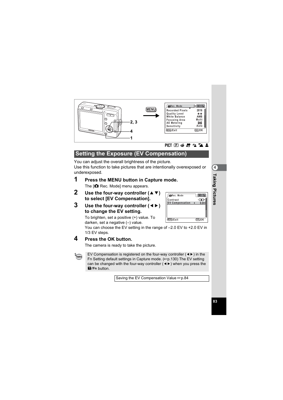 Setting the exposure (ev compensation), 83) a, 83) an | P.83 | Pentax Model Optio S60 User Manual | Page 85 / 156