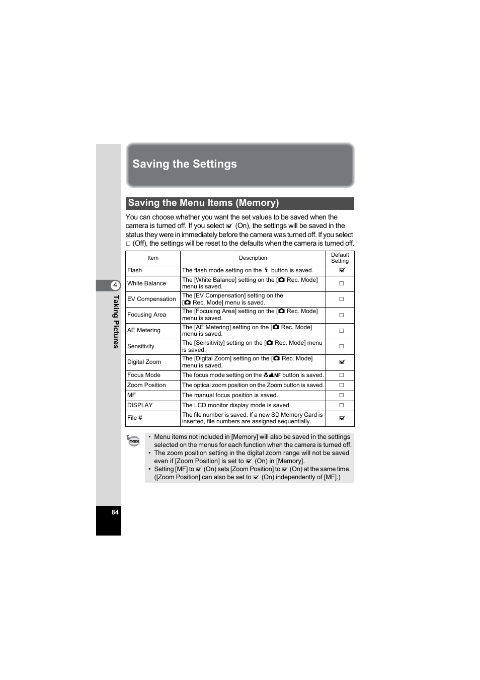 Saving the settings, Saving the menu items (memory), P.84 | Pentax Model Optio S60 User Manual | Page 86 / 156