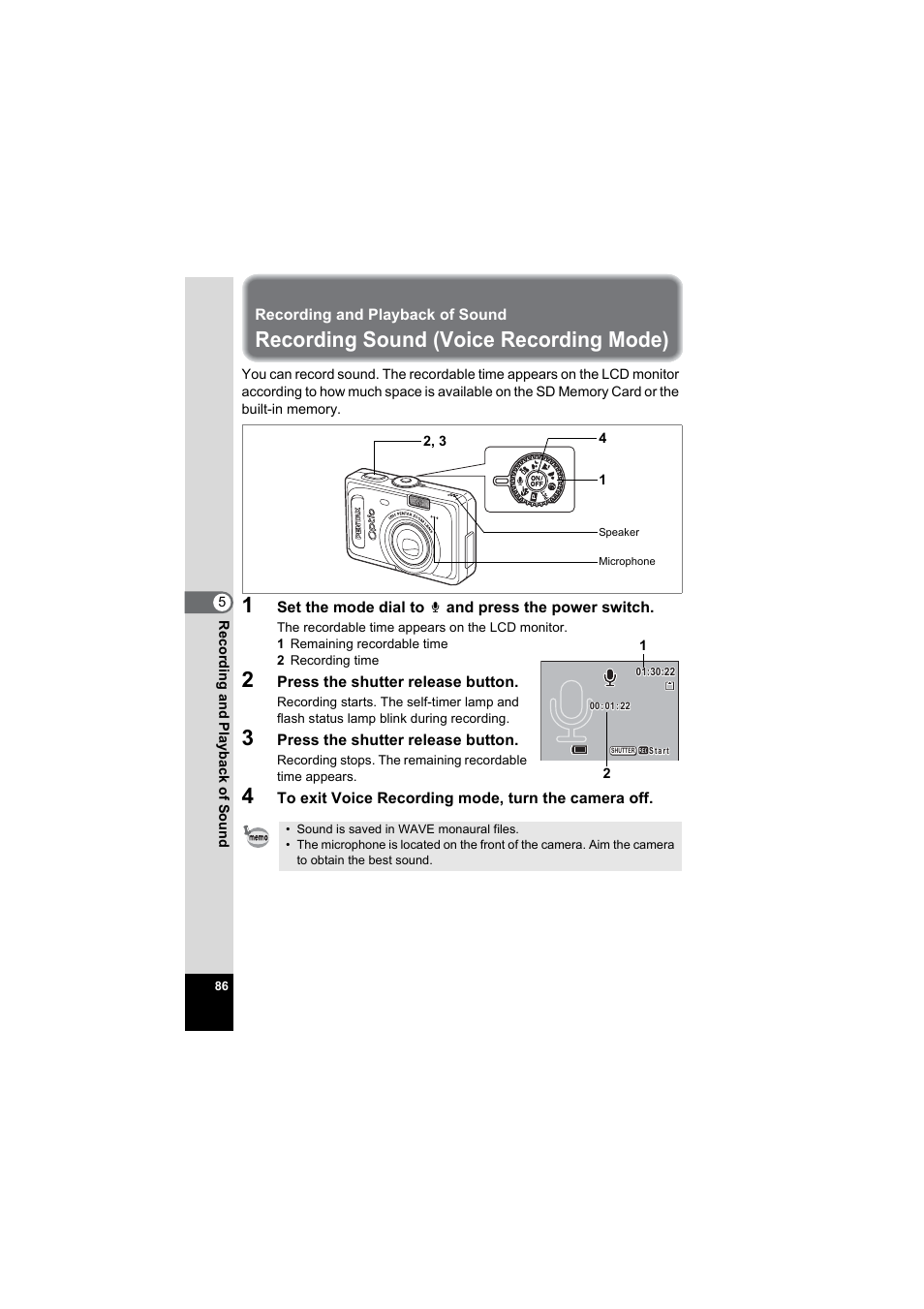 Recording and playback of sound, Recording sound (voice recording mode), P.86) | Pentax Model Optio S60 User Manual | Page 88 / 156