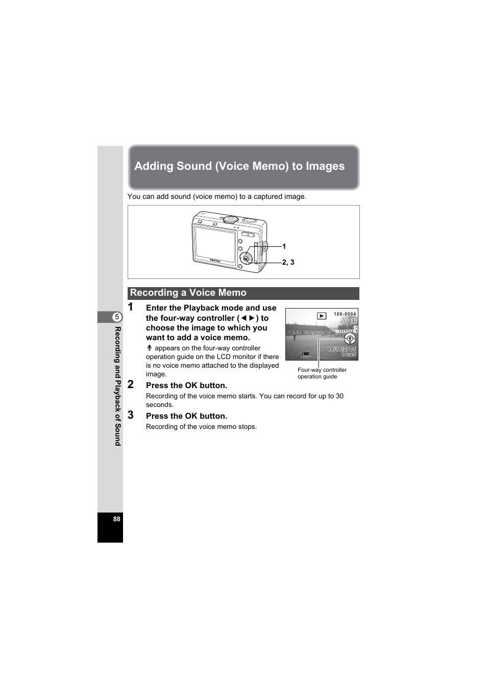 Adding sound (voice memo) to images, Recording a voice memo, P.88 | Pentax Model Optio S60 User Manual | Page 90 / 156