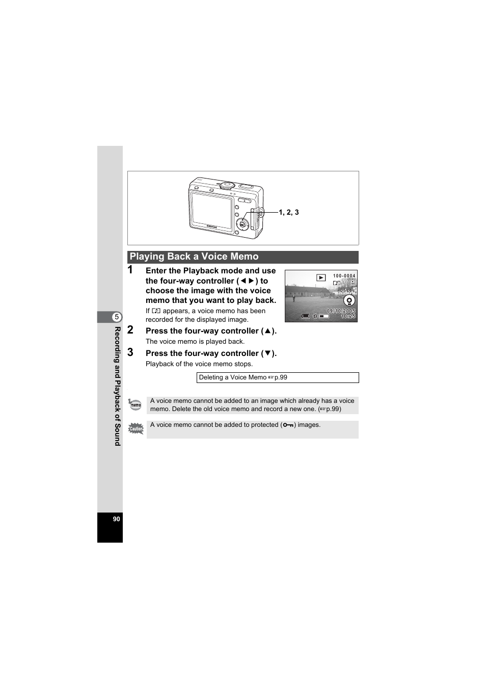Playing back a voice memo, P.90), P.90 | Pentax Model Optio S60 User Manual | Page 92 / 156