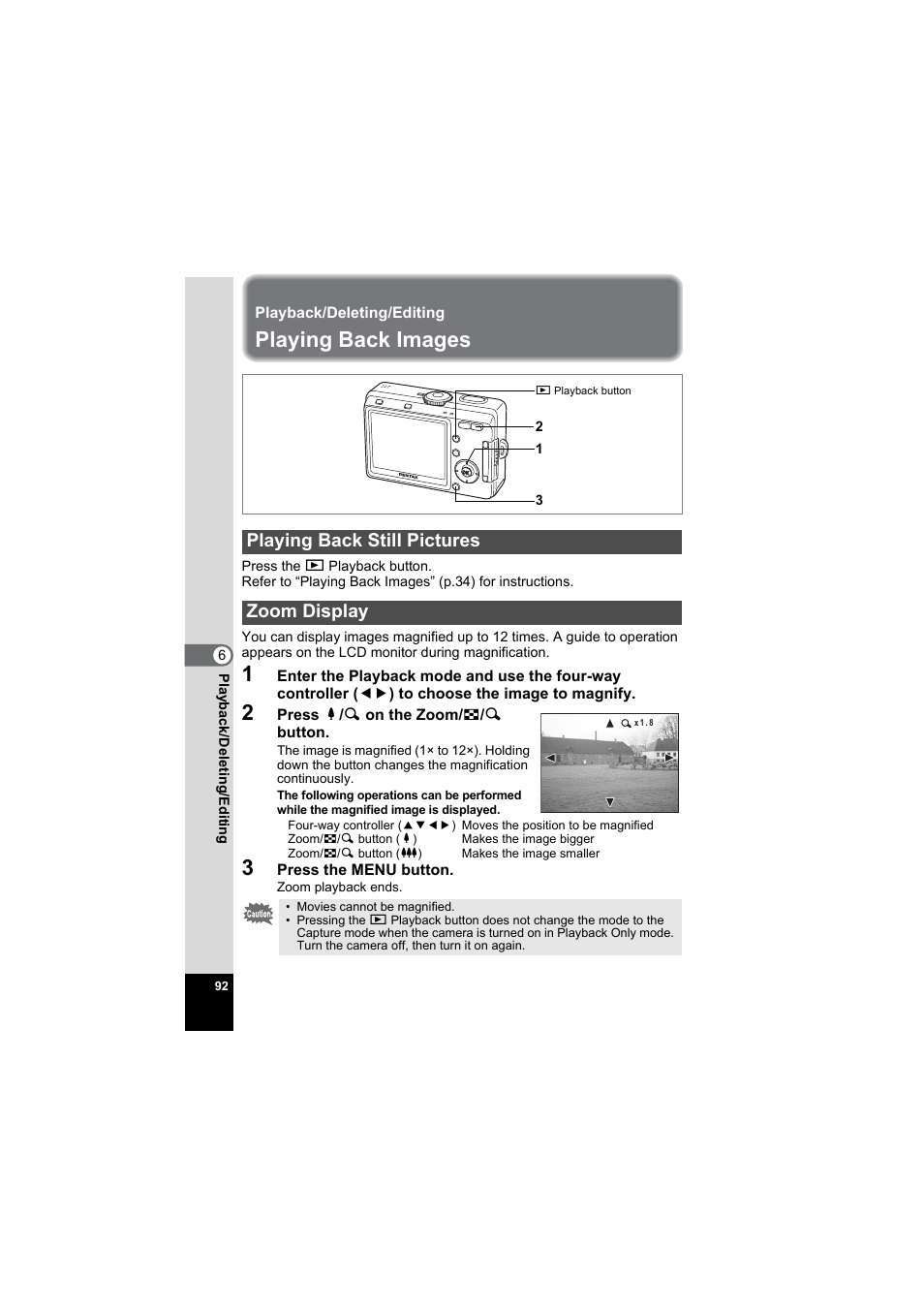 Playback/deleting/editing, Playing back images, Playing back still pictures | Zoom display, 6 playback/deleting/editing, Playing back still pictures 1p.92, Playing back still pictures zoom display | Pentax Model Optio S60 User Manual | Page 94 / 156