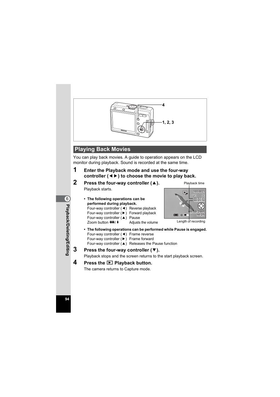 Playing back movies, P.94) | Pentax Model Optio S60 User Manual | Page 96 / 156