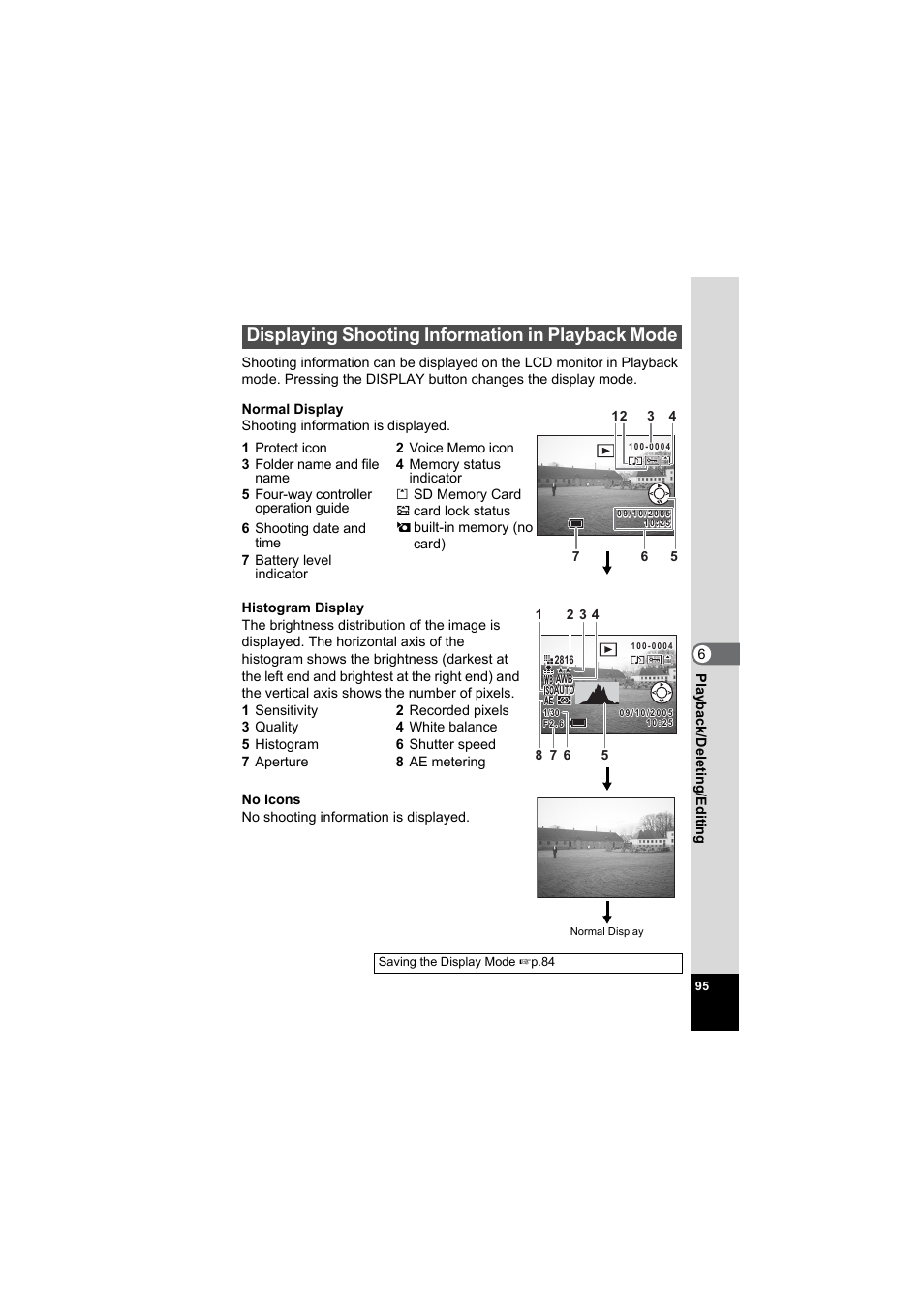 Displaying shooting information in playback mode, P.95 | Pentax Model Optio S60 User Manual | Page 97 / 156