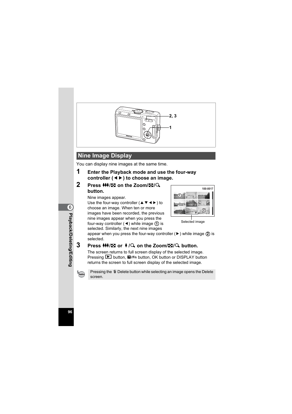 Nine image display, 1p.96) | Pentax Model Optio S60 User Manual | Page 98 / 156