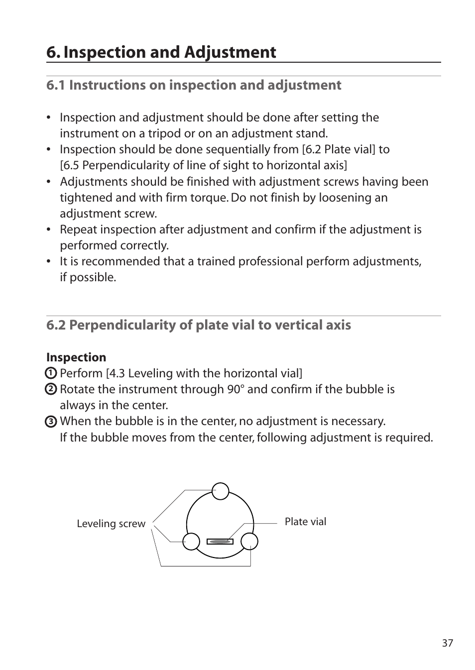 Inspection and adjustment, 1 instructions on inspection and adjustment, 2 perpendicularity of plate vial to vertical axis | Pentax ETH-310 User Manual | Page 37 / 48