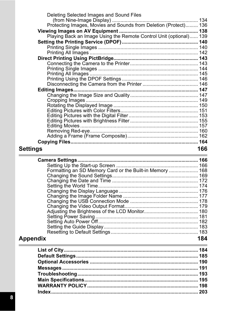 Settings 166, Appendix 184 | Pentax Optio S10 User Manual | Page 10 / 208