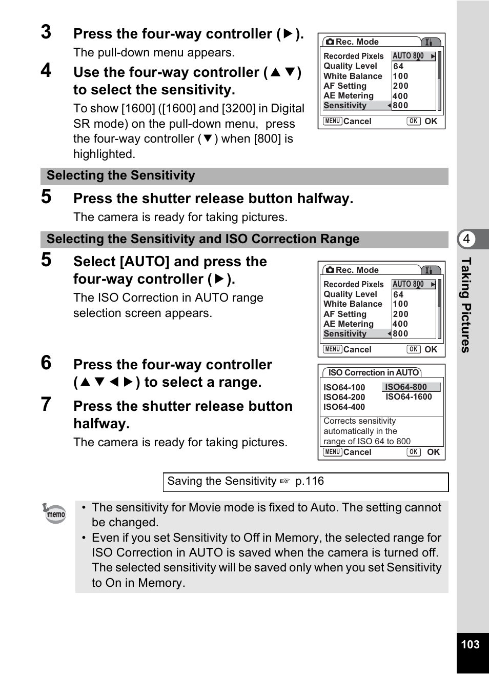 Press the four-way controller ( 5 ), Press the shutter release button halfway, Tak ing pi cture s 4 | Pentax Optio S10 User Manual | Page 105 / 208