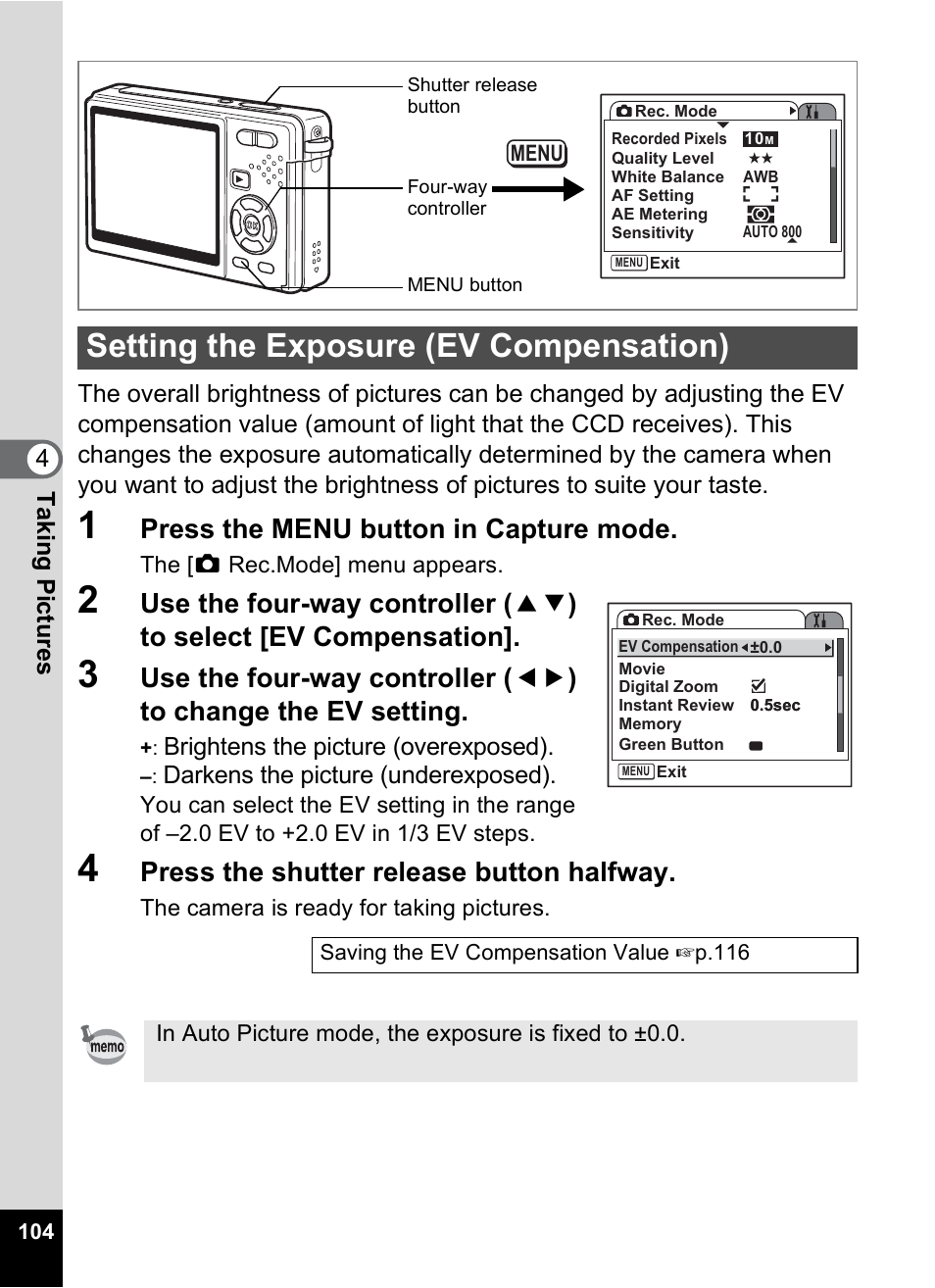 Setting the exposure (ev compensation), P.104, Press the menu button in capture mode | Press the shutter release button halfway | Pentax Optio S10 User Manual | Page 106 / 208