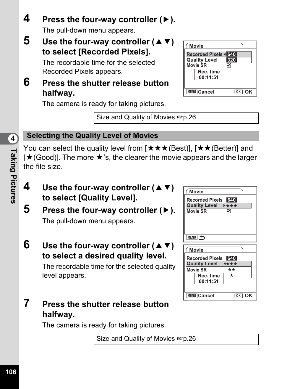 P.106, Press the four-way controller ( 5 ), Press the shutter release button halfway | Pentax Optio S10 User Manual | Page 108 / 208