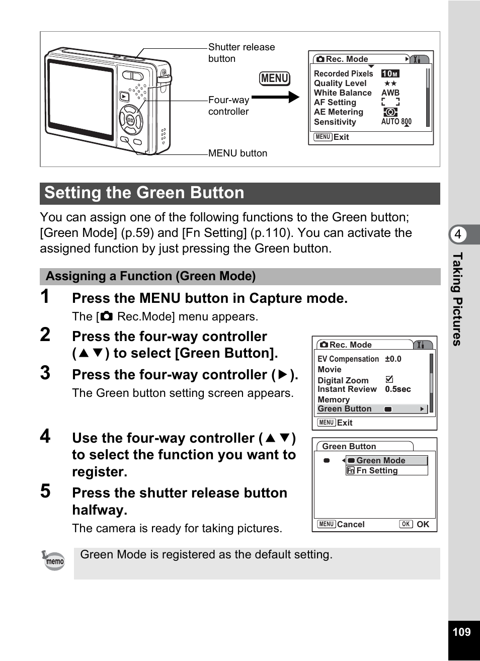 Setting the green button, P.109), P.109 | Press the menu button in capture mode, Press the four-way controller ( 5 ), Press the shutter release button halfway | Pentax Optio S10 User Manual | Page 111 / 208