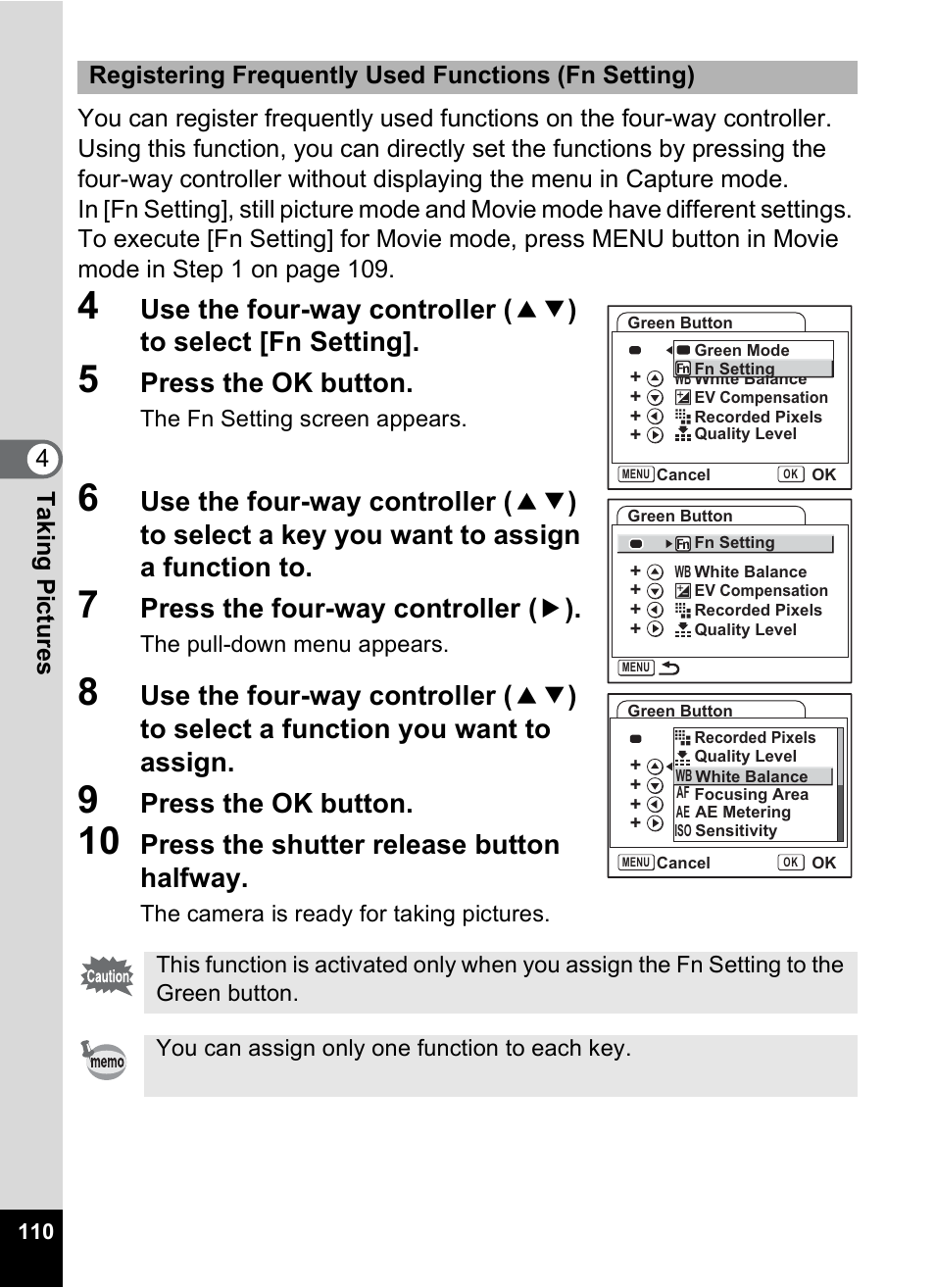 Press the ok button, Press the four-way controller ( 5 ), Press the shutter release button halfway | Registering frequently used functions (fn setting) | Pentax Optio S10 User Manual | Page 112 / 208