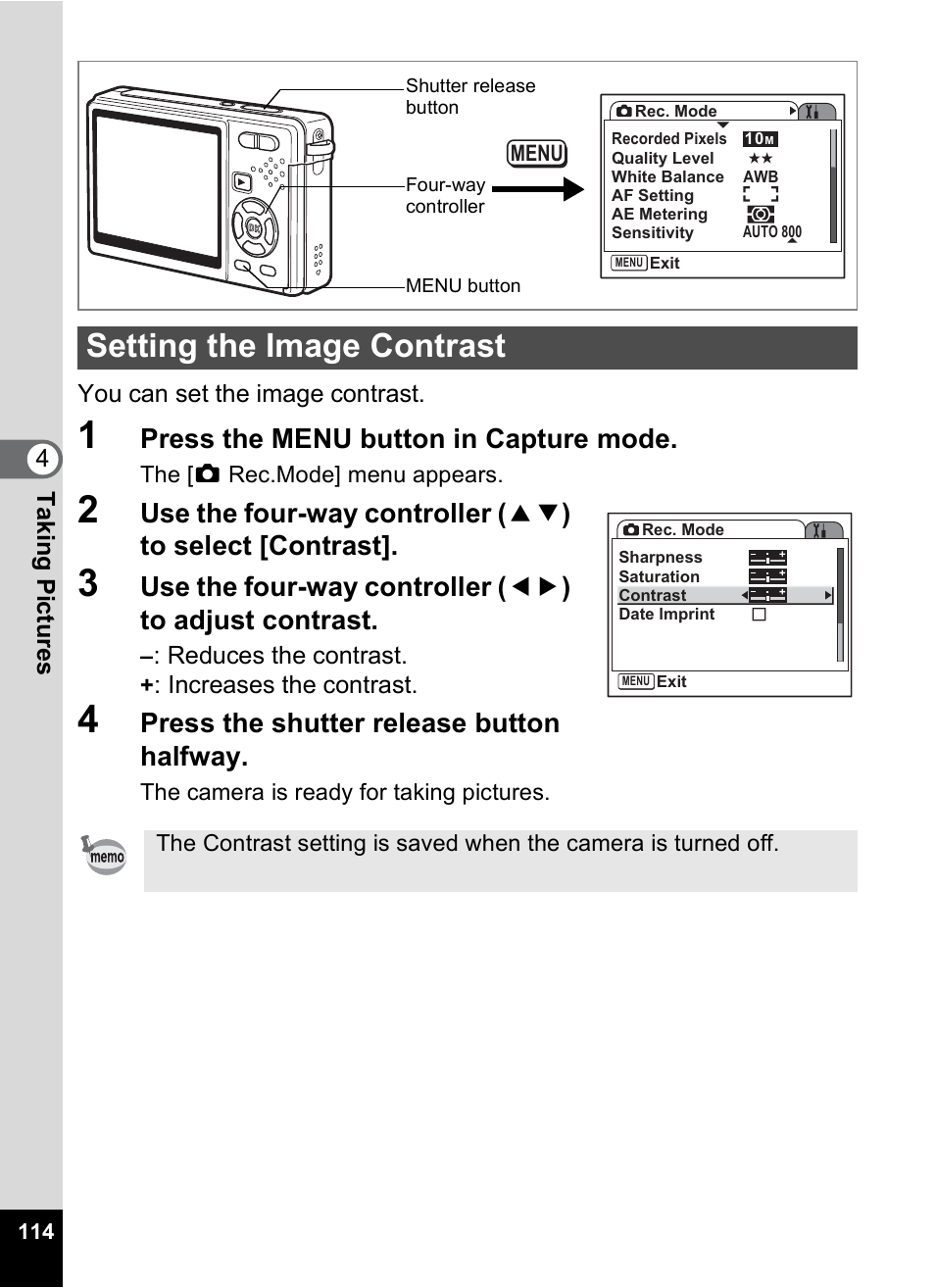 Setting the image contrast, P.114, Press the menu button in capture mode | Press the shutter release button halfway | Pentax Optio S10 User Manual | Page 116 / 208