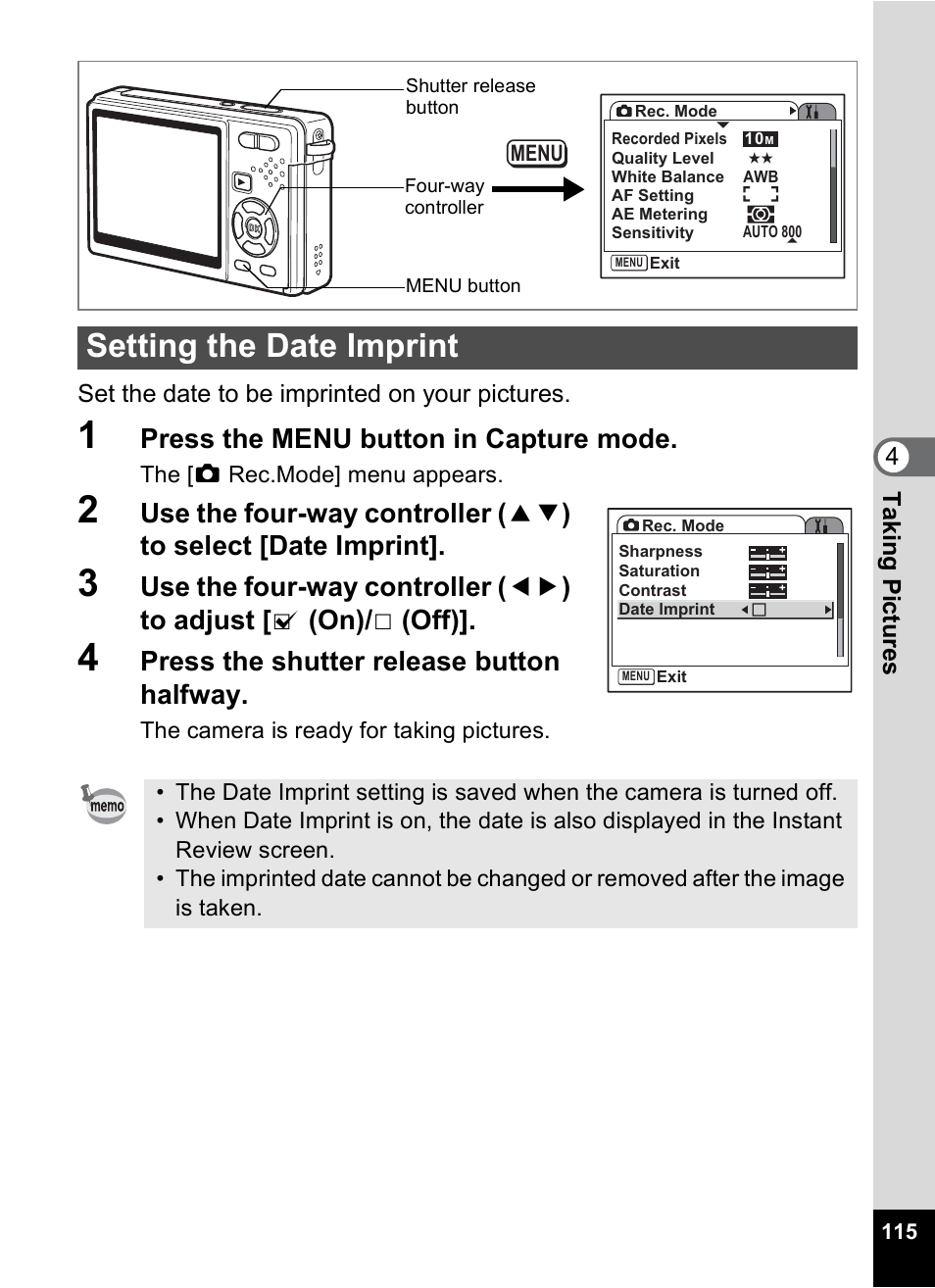 Setting the date imprint, P.115, Press the menu button in capture mode | Press the shutter release button halfway | Pentax Optio S10 User Manual | Page 117 / 208