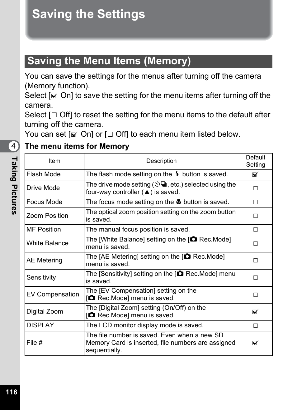 Saving the settings, Saving the menu items (memory), P.116 | Pentax Optio S10 User Manual | Page 118 / 208