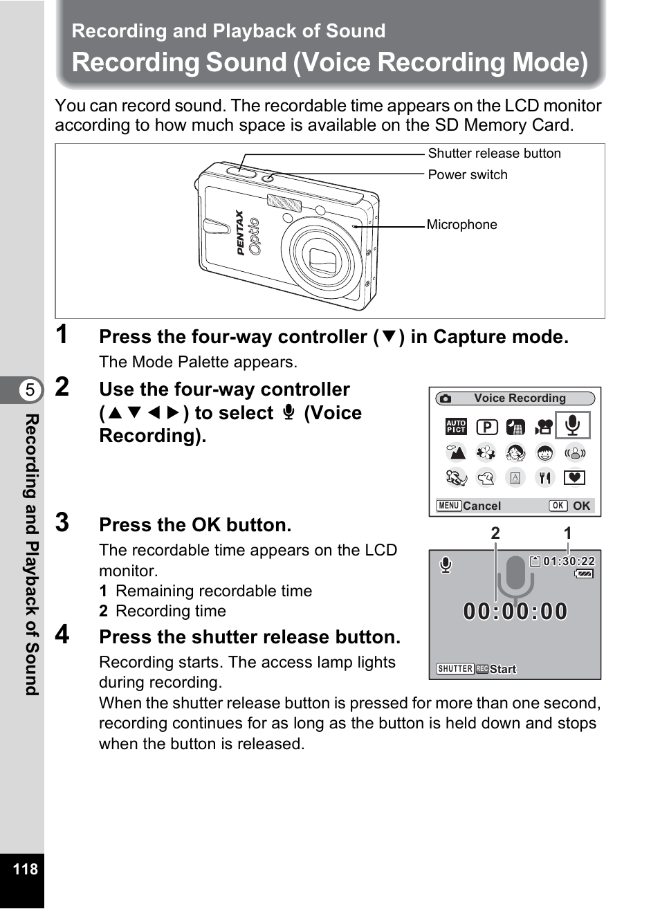 Recording and playback of sound, Recording sound (voice recording mode), P.118 | Pentax Optio S10 User Manual | Page 120 / 208