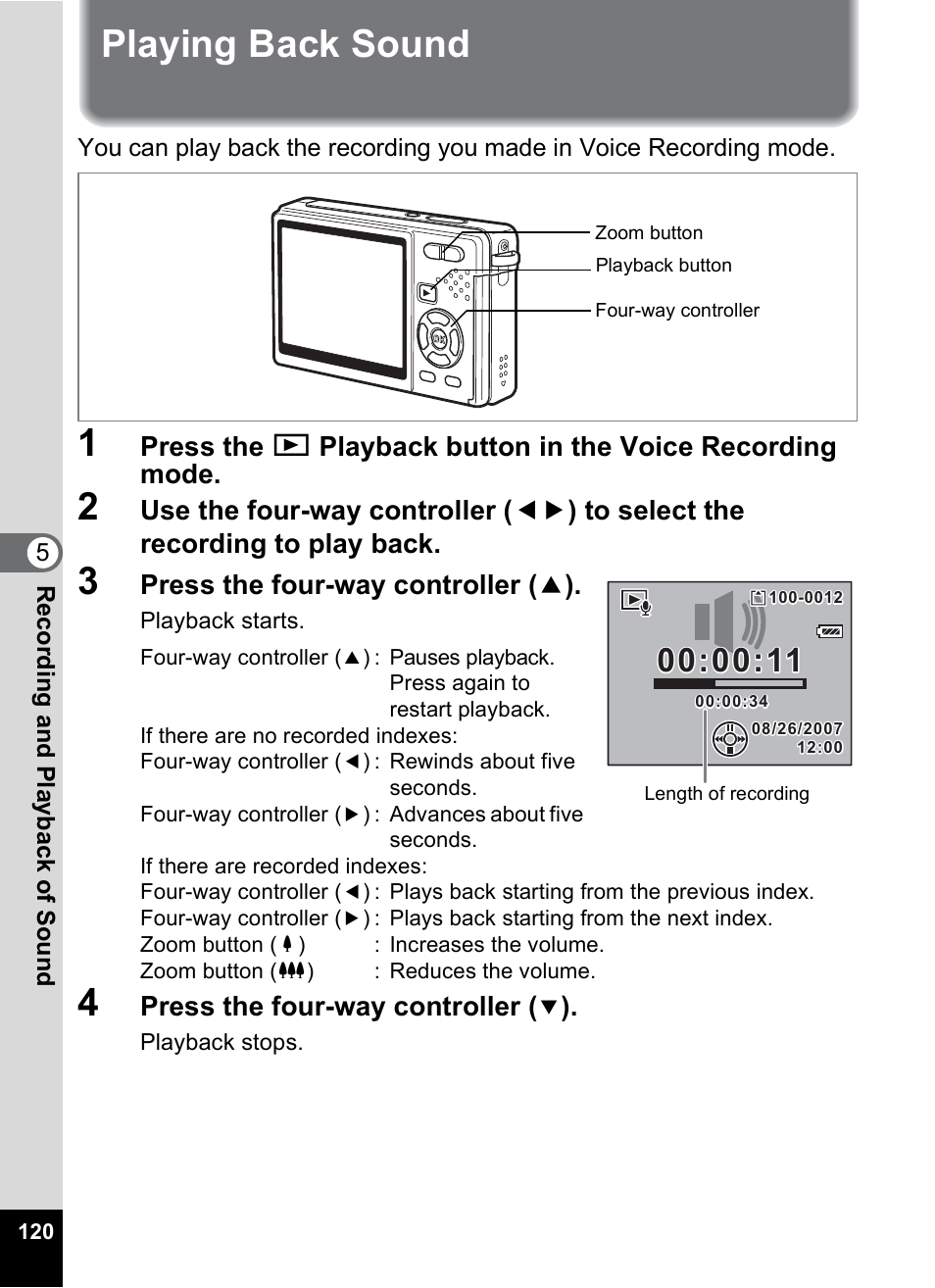 Playing back sound, P.120), Press the four-way controller ( 2 ) | Press the four-way controller | Pentax Optio S10 User Manual | Page 122 / 208