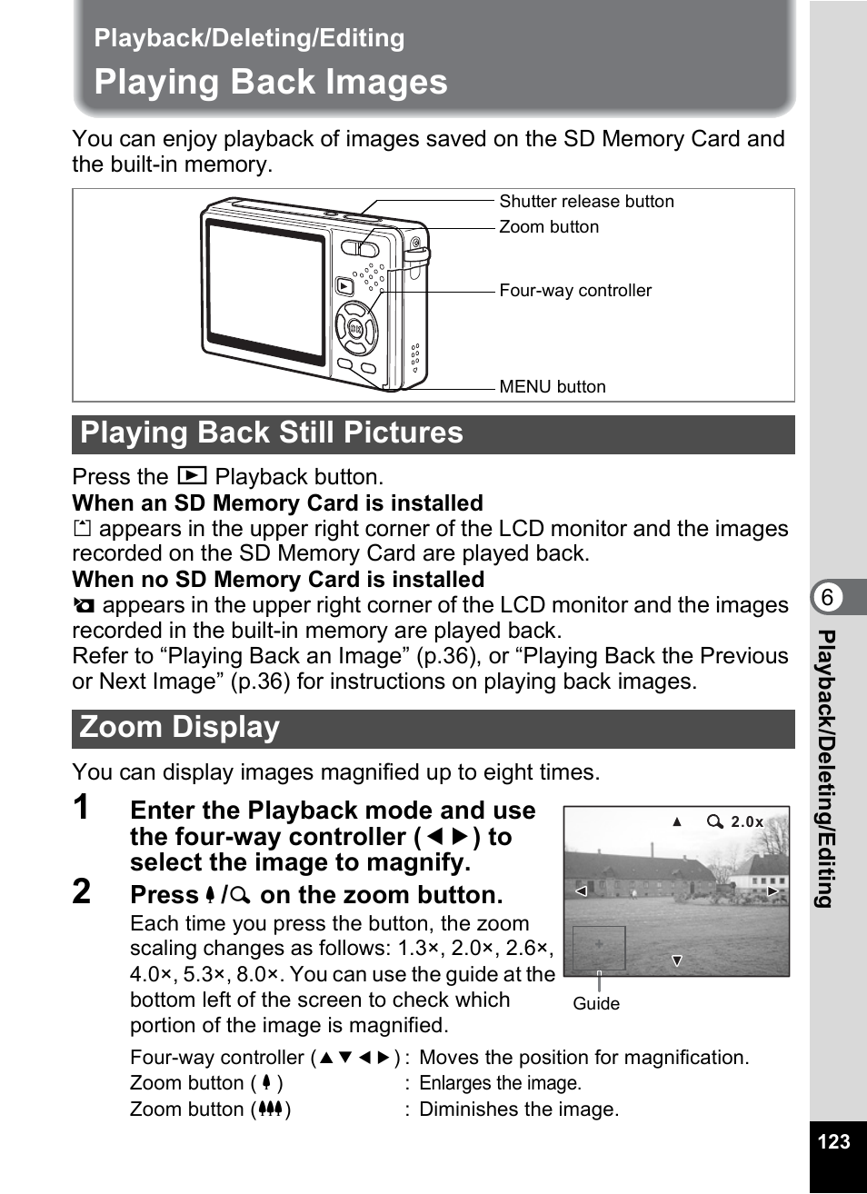 Playback/deleting/editing, Playing back images, Playing back still pictures | Zoom display, P.123-128, P.123, 1p.123), P.123), Playing back still pictures zoom display | Pentax Optio S10 User Manual | Page 125 / 208