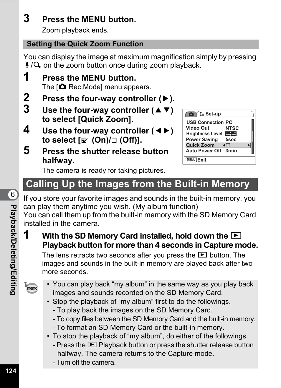 Calling up the images from the built-in memory, P.124 | Pentax Optio S10 User Manual | Page 126 / 208