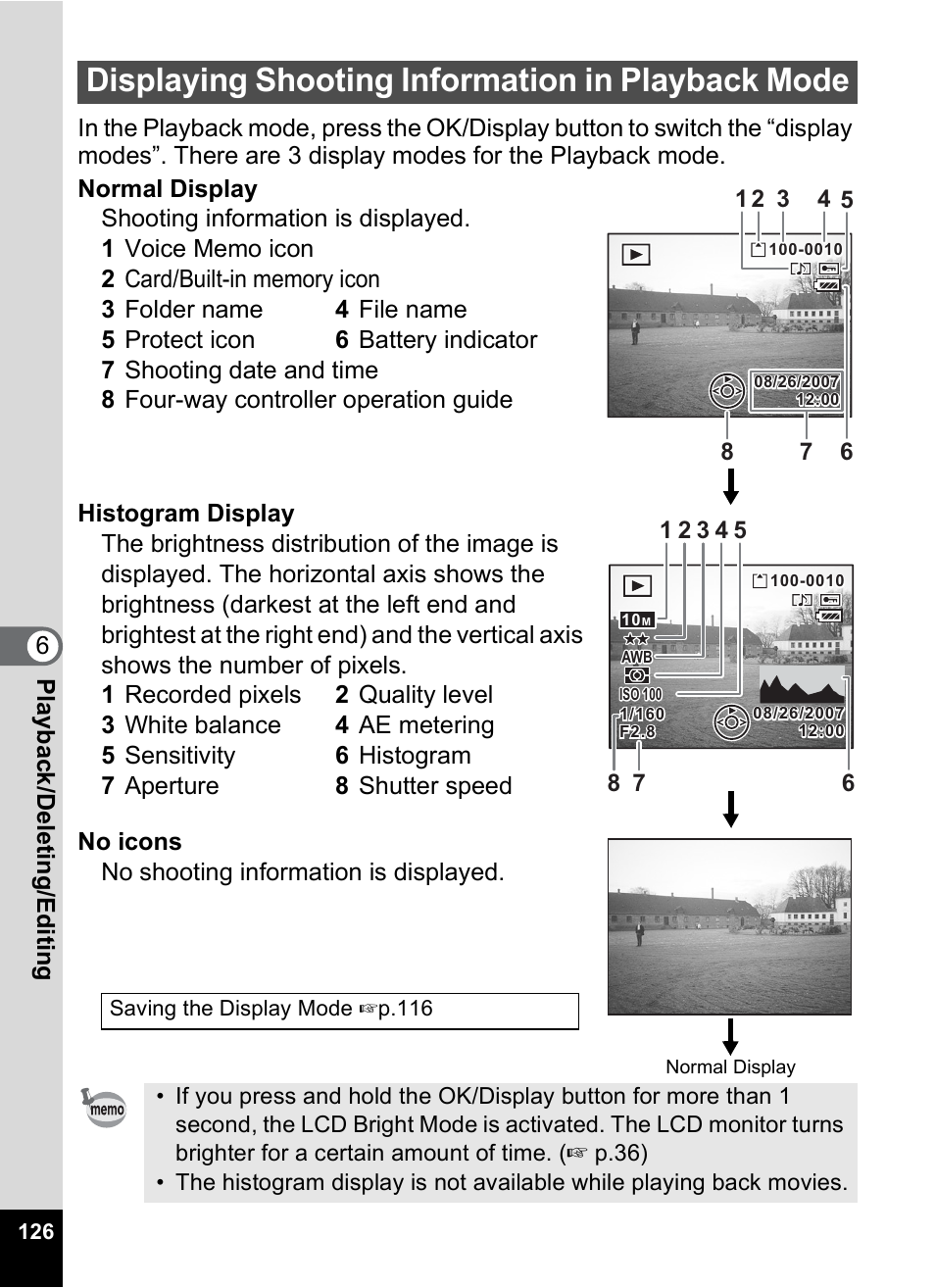 Displaying shooting information in playback mode, P.126) | Pentax Optio S10 User Manual | Page 128 / 208