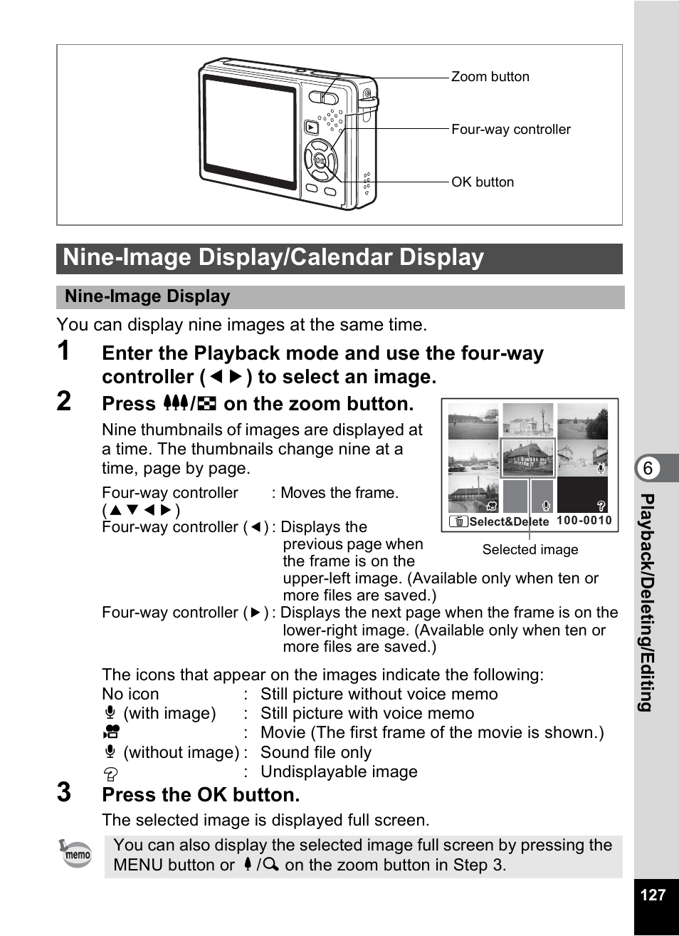 Nine-image display/calendar display, P.127), 1p.127) | Press w / f on the zoom button, Press the ok button | Pentax Optio S10 User Manual | Page 129 / 208