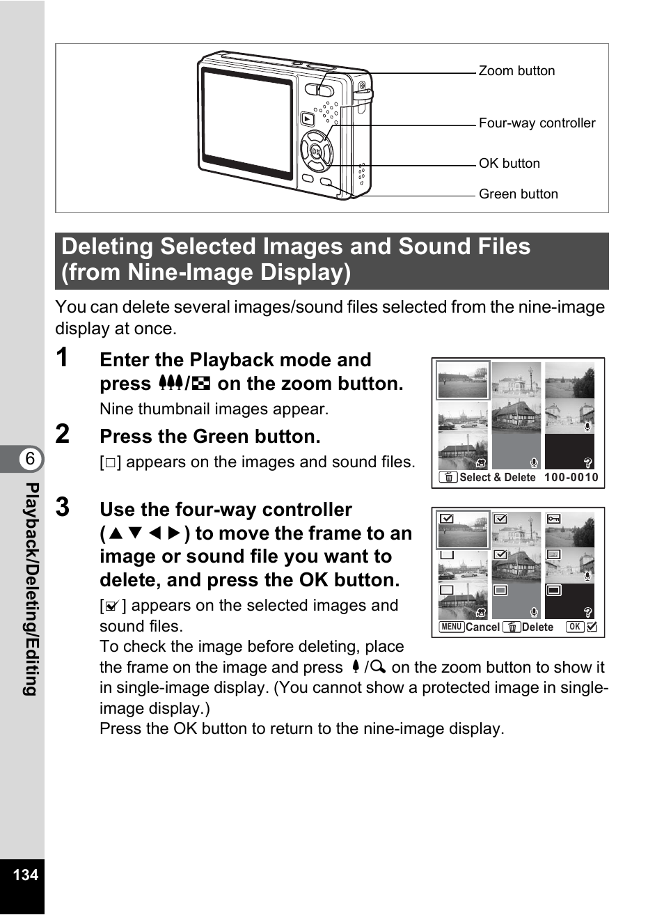 Deleting selected images and sound files, From nine-image display), Press the green button | Pentax Optio S10 User Manual | Page 136 / 208