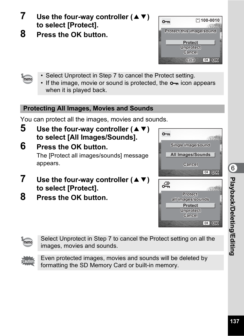 Press the ok button, 6play bac k /d el eting /editi n g, You can protect all the images, movies and sounds | Protecting all images, movies and sounds | Pentax Optio S10 User Manual | Page 139 / 208