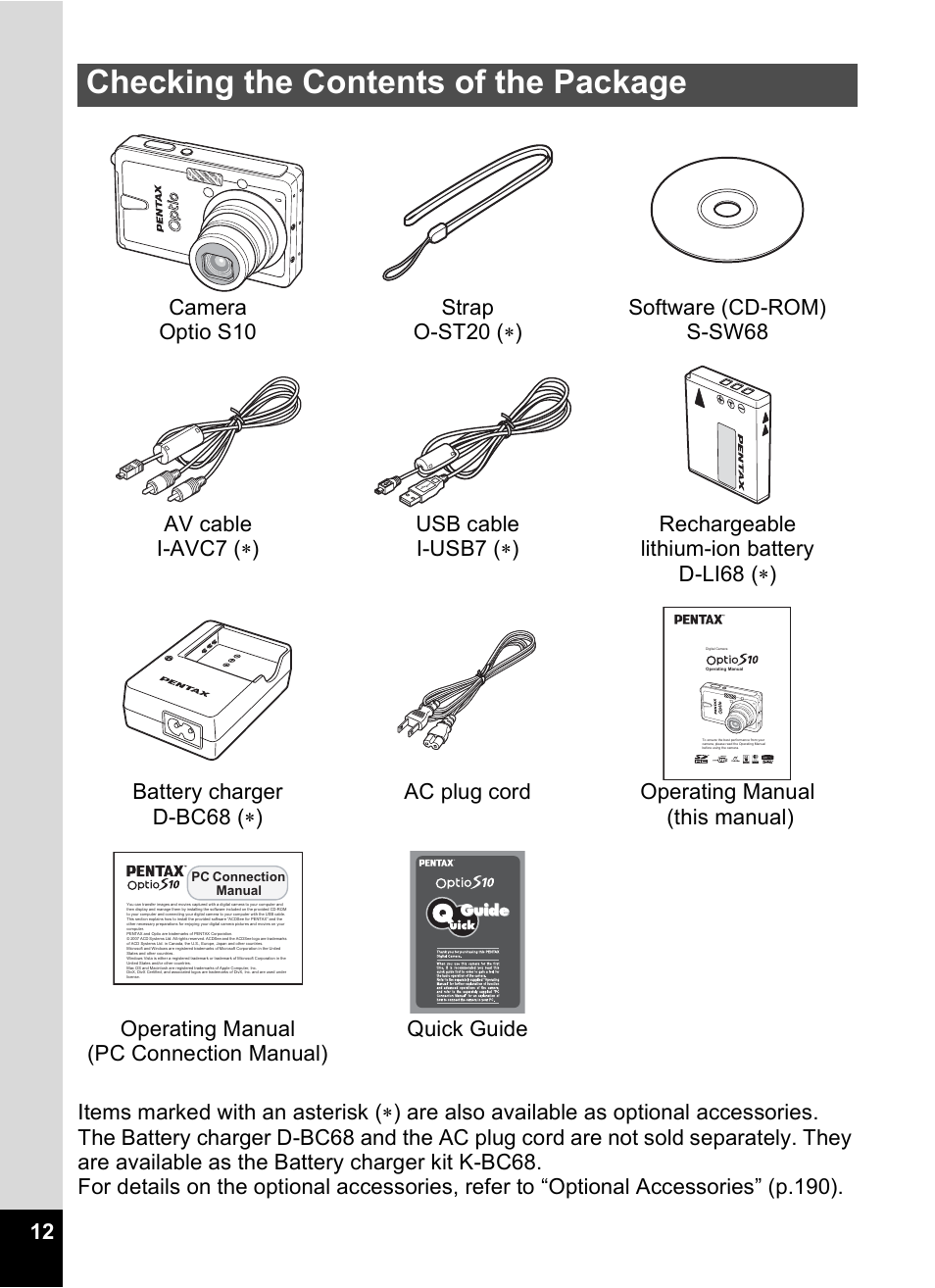 Checking the contents of the package, P.12) | Pentax Optio S10 User Manual | Page 14 / 208