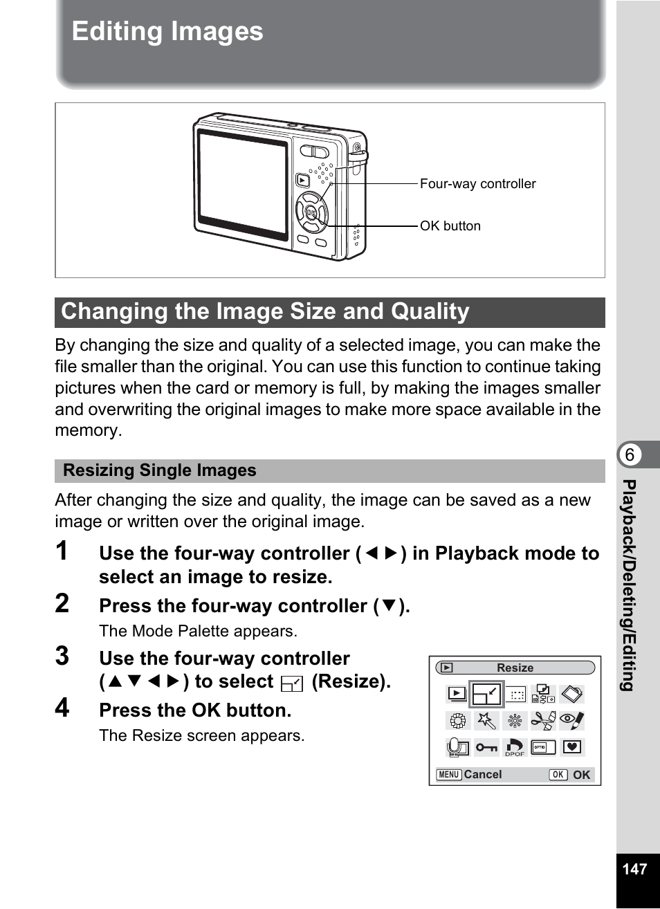 Editing images, Changing the image size and quality, P.147 | Pentax Optio S10 User Manual | Page 149 / 208