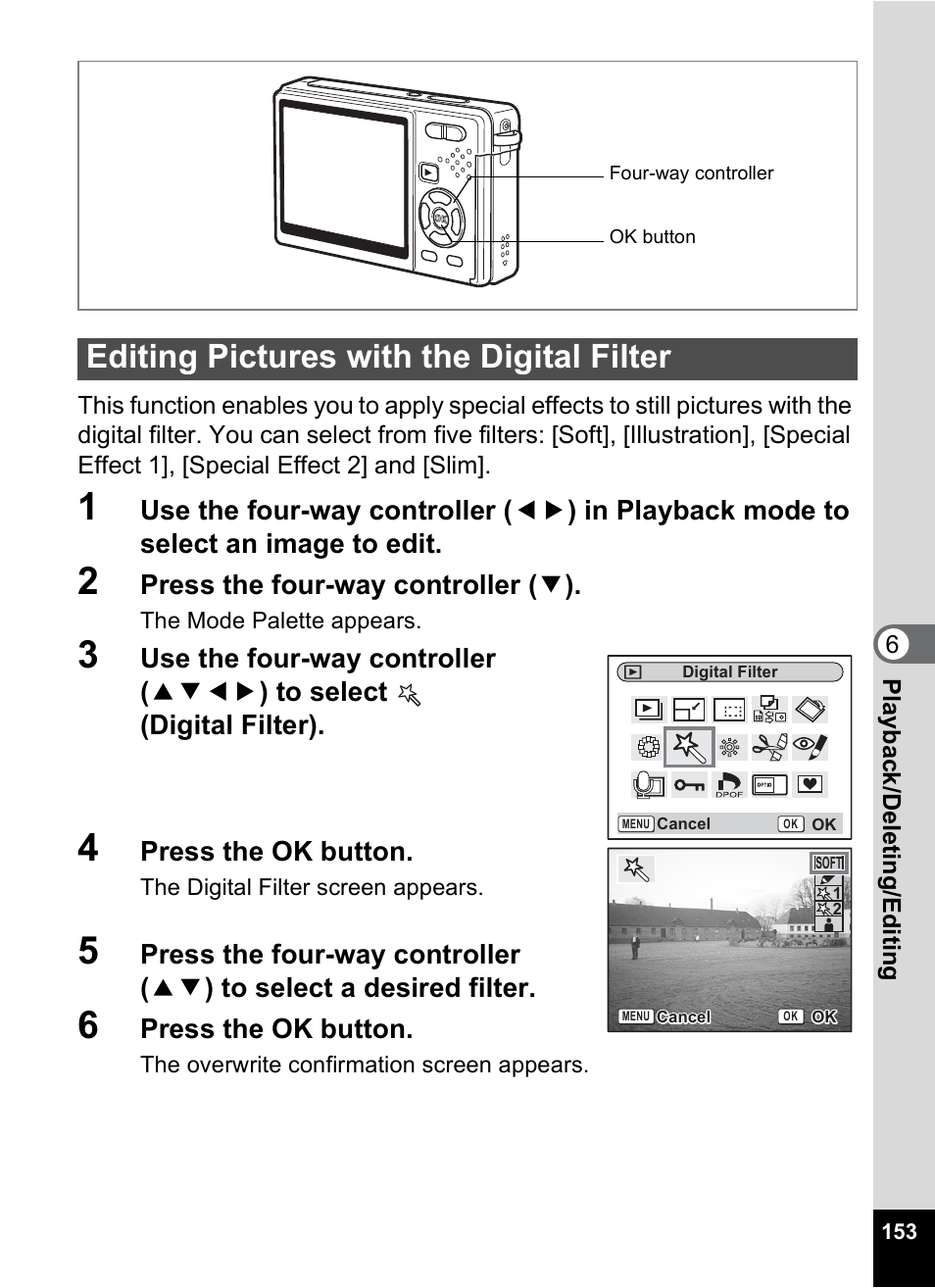 Editing pictures with the digital filter, P.153 | Pentax Optio S10 User Manual | Page 155 / 208