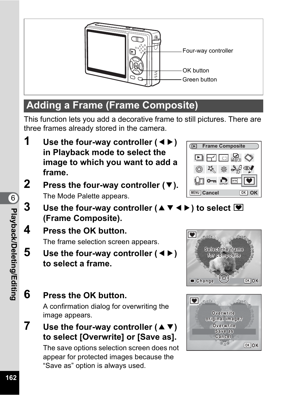 Adding a frame (frame composite), P.162, Press the four-way controller ( 3 ) | Press the ok button | Pentax Optio S10 User Manual | Page 164 / 208