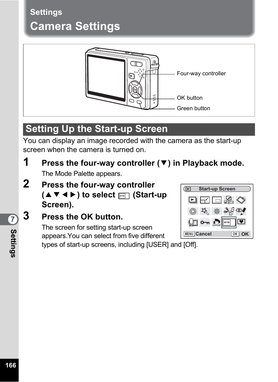 Settings, Camera settings, Setting up the start-up screen | P.166 | Pentax Optio S10 User Manual | Page 168 / 208