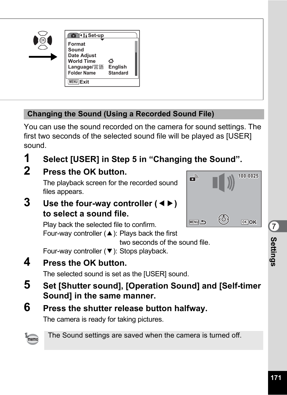 Select [user] in step 5 in “changing the sound, Press the ok button, Press the shutter release button halfway | Pentax Optio S10 User Manual | Page 173 / 208