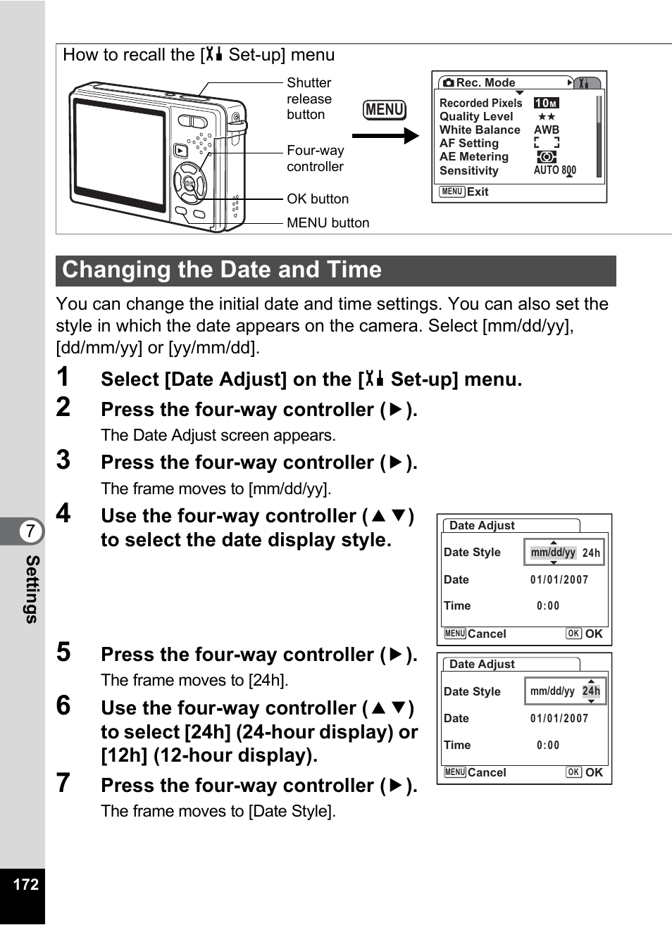 Changing the date and time, To “changing the date and time” (p.172) a, Changing the date and time” (p.172) | P.172, Select [date adjust] on the [ h set-up] menu, Press the four-way controller ( 5 ), How to recall the [h set-up] menu | Pentax Optio S10 User Manual | Page 174 / 208