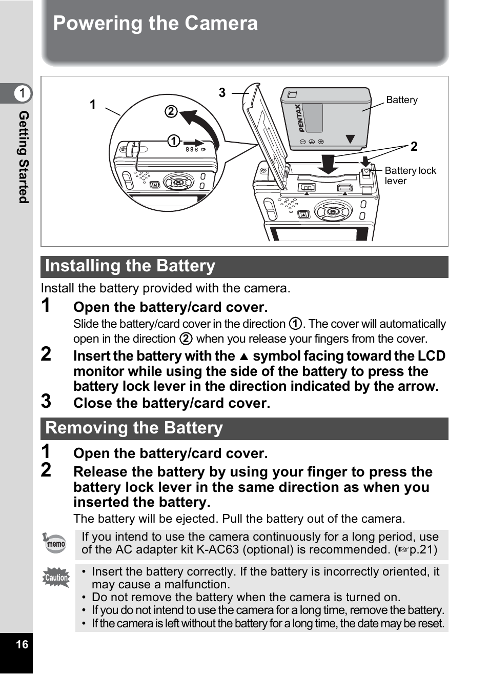 Powering the camera, Installing the battery, Removing the battery | P.16), Installing the battery removing the battery | Pentax Optio S10 User Manual | Page 18 / 208