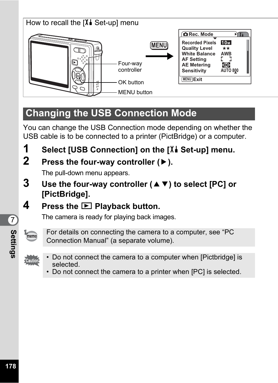 Changing the usb connection mode, P.178 | Pentax Optio S10 User Manual | Page 180 / 208