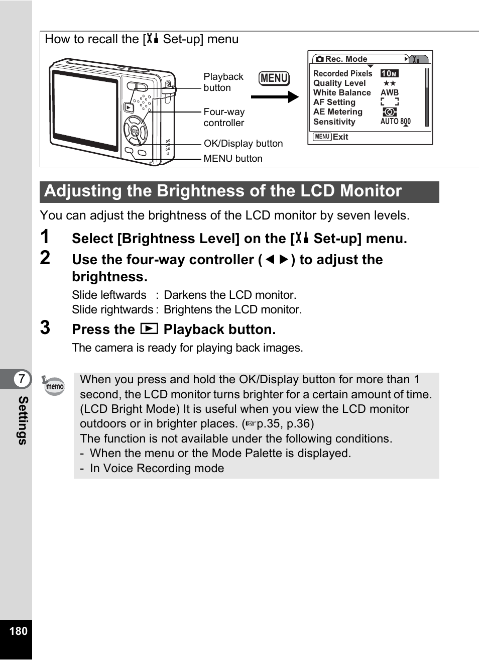 Adjusting the brightness of the lcd monitor, P.180, Select [brightness level] on the [ h set-up] menu | Press the q playback button | Pentax Optio S10 User Manual | Page 182 / 208