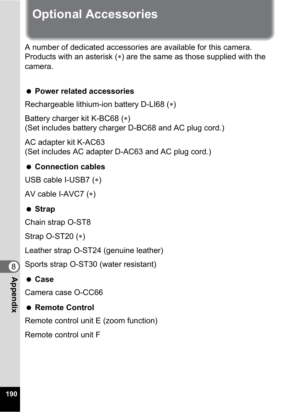 Optional accessories | Pentax Optio S10 User Manual | Page 192 / 208
